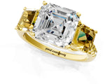 Yellow gold Three-Stone Asscher Cut Diamond Ring with Round with Yellow Sapphire side stone Pavé Band and Prong Setting_1