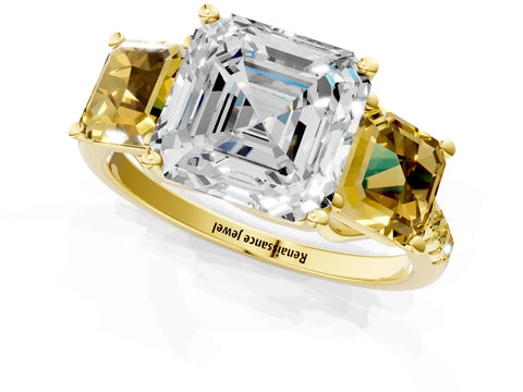 Yellow gold Three-Stone Asscher Cut Diamond Ring with Round with Yellow Sapphire side stone Pavé Band and Prong Setting_1