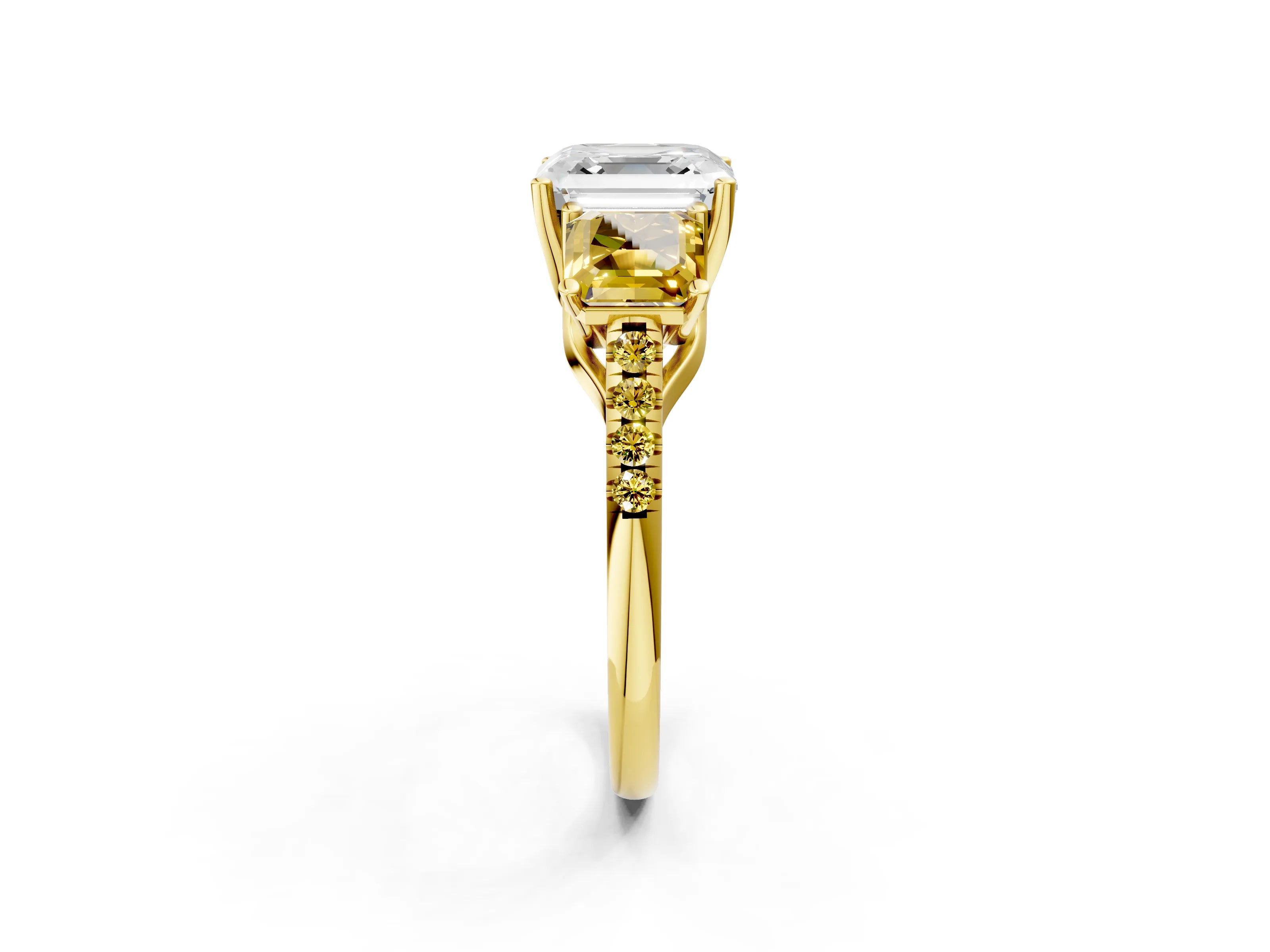 Yellow gold Three-Stone Asscher Cut Diamond Ring with Round with Yellow Sapphire side stone Pavé Band and Prong Setting_2