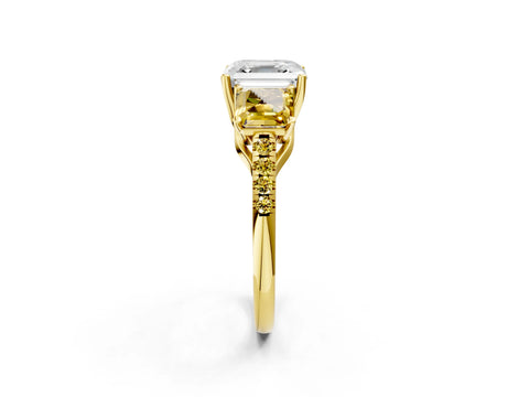 Yellow gold Three-Stone Asscher Cut Diamond Ring with Round with Yellow Sapphire side stone Pavé Band and Prong Setting_2