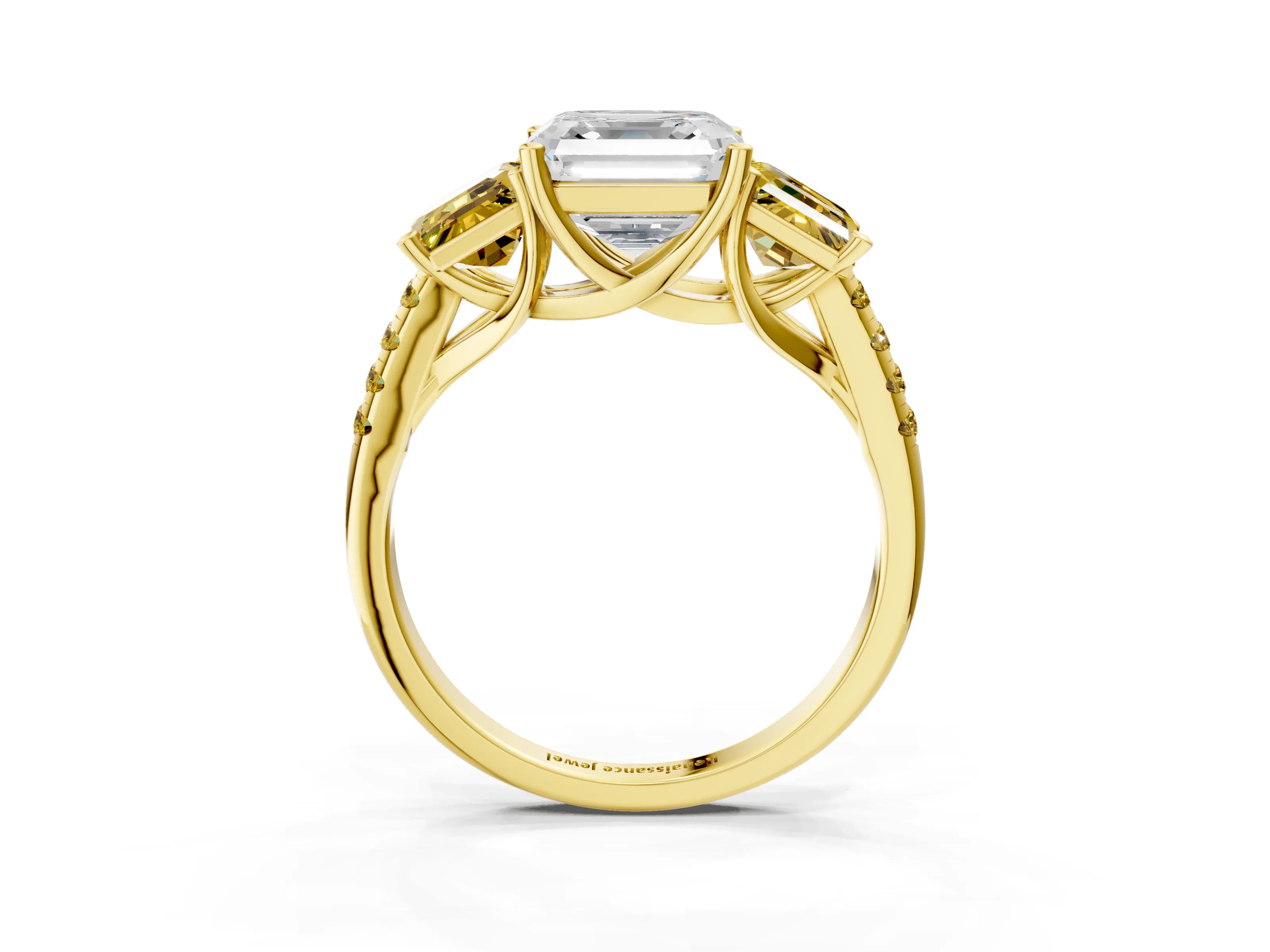 Yellow gold Three-Stone Asscher Cut Diamond Ring with Round with Yellow Sapphire side stone Pavé Band and Prong Setting_3