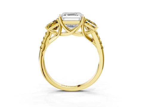 Yellow gold Three-Stone Asscher Cut Diamond Ring with Round with Yellow Sapphire side stone Pavé Band and Prong Setting_3