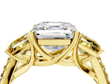 Yellow gold Three-Stone Asscher Cut Diamond Ring with Round with Yellow Sapphire side stone Pavé Band and Prong Setting_4