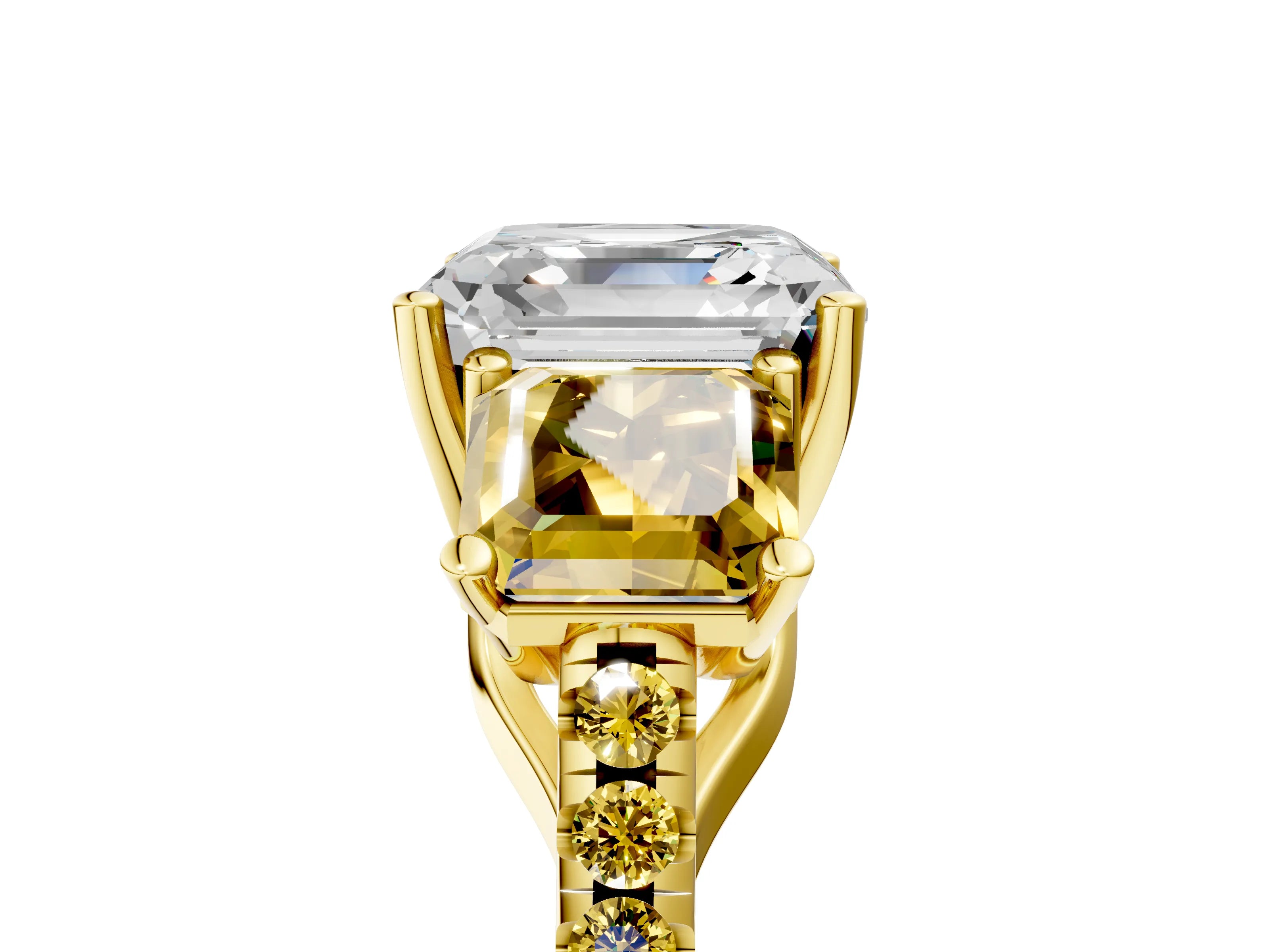 Yellow gold Three-Stone Asscher Cut Diamond Ring with Round with Yellow Sapphire side stone Pavé Band and Prong Setting_5