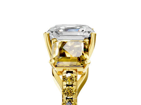 Yellow gold Three-Stone Asscher Cut Diamond Ring with Round with Yellow Sapphire side stone Pavé Band and Prong Setting_5