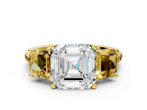 Yellow gold Three-Stone Asscher Cut Diamond Ring with Round with Yellow Sapphire side stone Pavé Band and Prong Setting