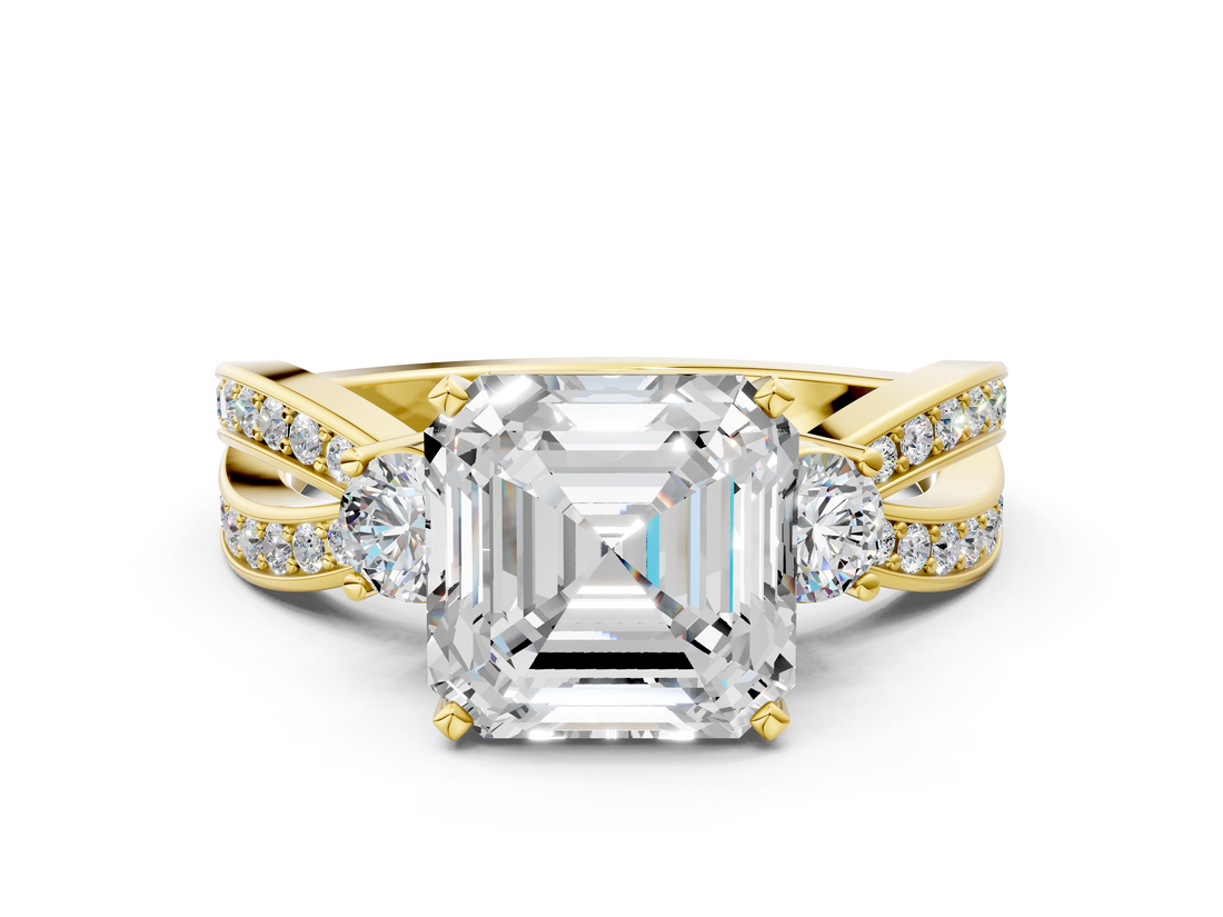 Yellow gold Three-Stone Asscher Cut Diamond Twist Band with Prong Setting_24