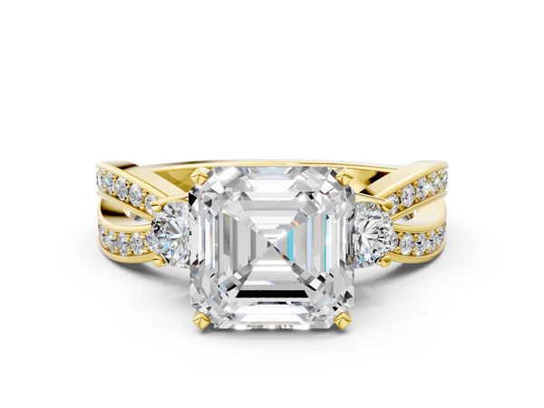 Yellow Gold Asscher Cut Three Stone Engagement Ring Setting with Graduated Pave Split Twist Band