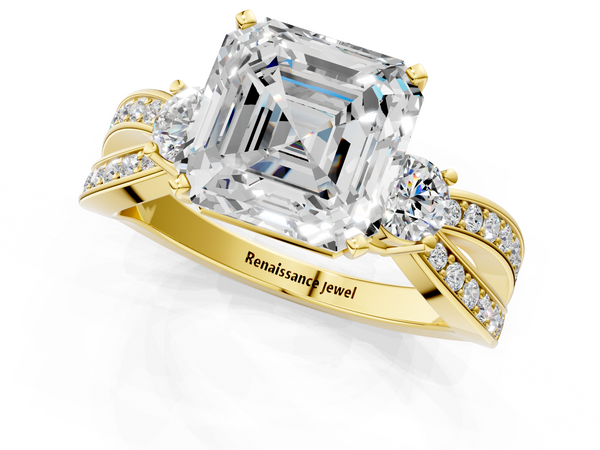 Yellow Gold Asscher Cut Three Stone Engagement Ring Setting with Graduated Pave Split Twist Band