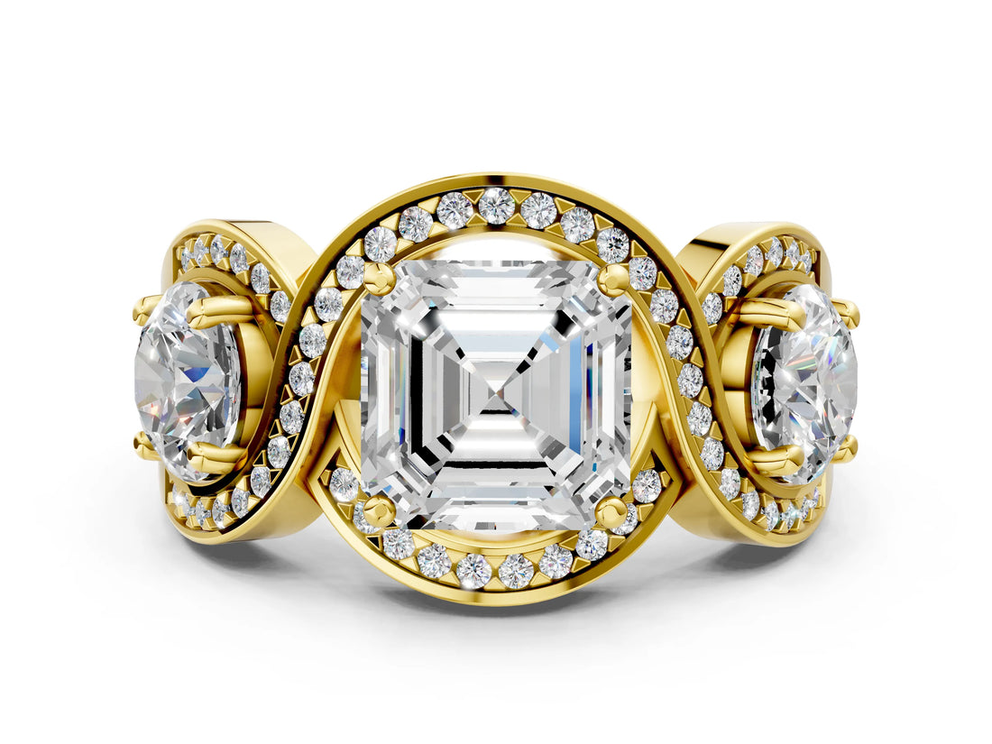 Yellow gold Three-Stone Asscher Cut Diamond Wave Pave Band with Prong Setting_9