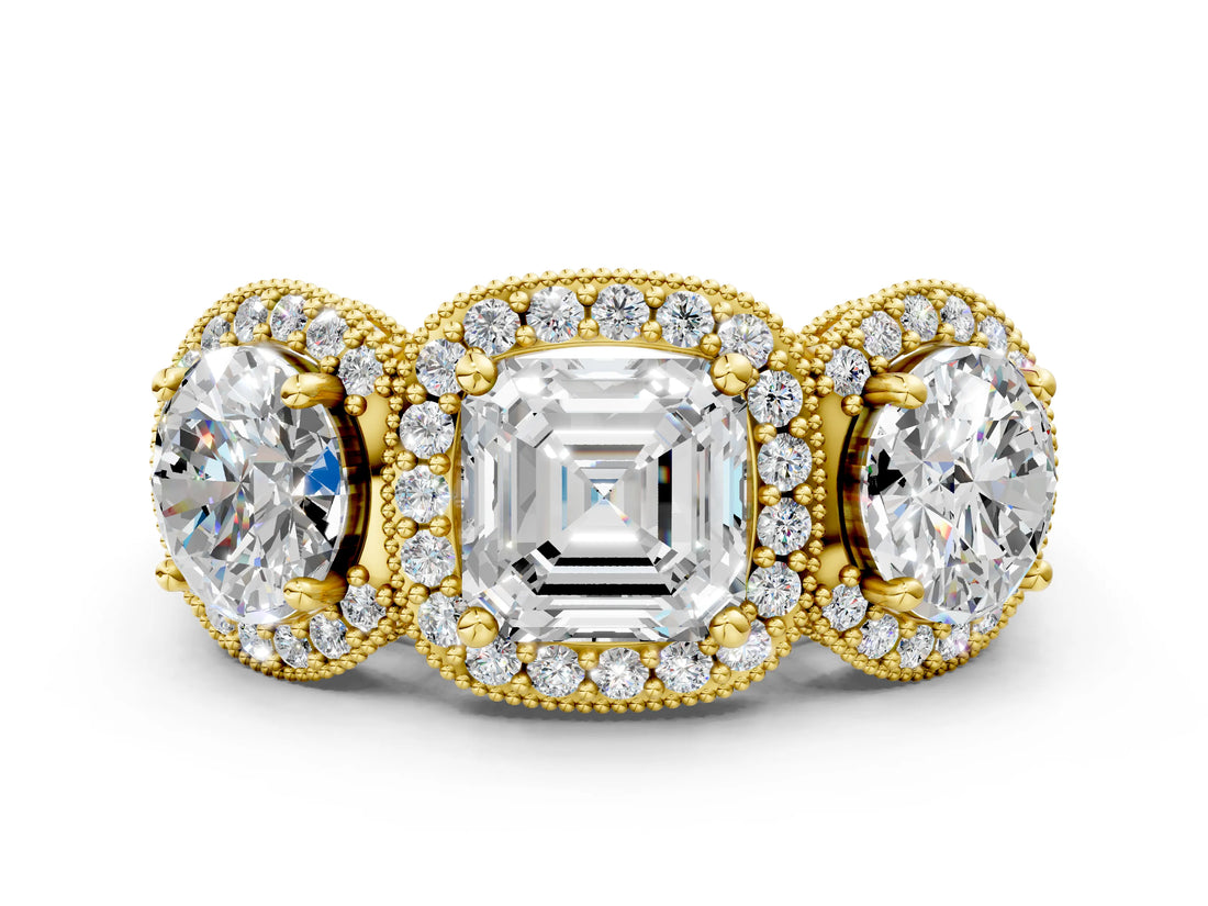 Yellow gold Three-Stone Asscher Cut Halo Diamond Milgrain Band with Four-Prong Setting_3