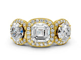 Yellow gold Three-Stone Asscher Cut Halo Diamond Milgrain Band with Four-Prong Setting_3