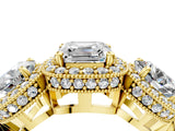 Yellow gold Three-Stone Asscher Cut Halo Diamond Milgrain Band with Four-Prong Setting_7