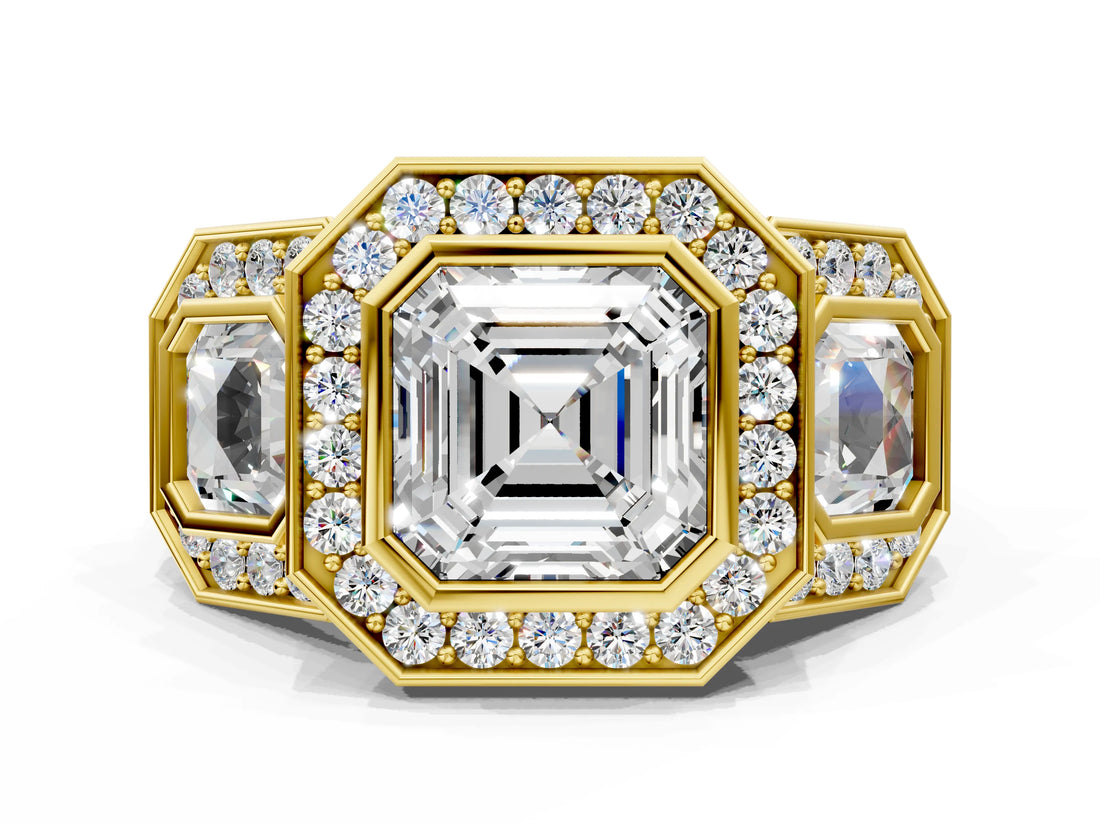 Yellow gold Three-Stone Asscher Cut Halo Pavé Diamond Ring_3
