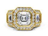 Yellow gold Three-Stone Asscher Cut Halo Pavé Diamond Ring_3