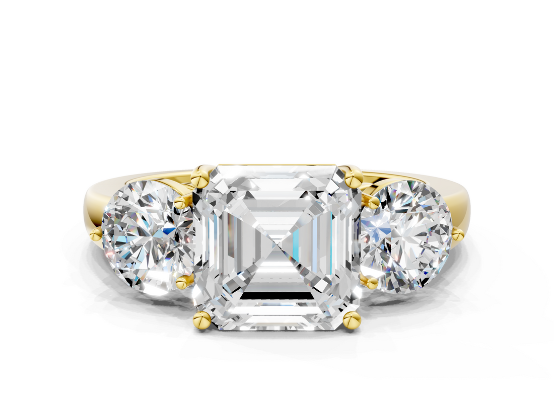 Yellow gold Three-Stone Asscher Cut Solitaire Ring with Prong Setting on a Classic Band_46