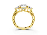 Yellow gold Three-Stone Asscher Diamond Milgrain Pave Band with Prong Setting 3