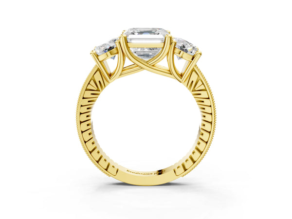 Yellow Gold Asscher Cut Three-Stone Vintage Engagement Ring Setting with Milgrain Pave Band