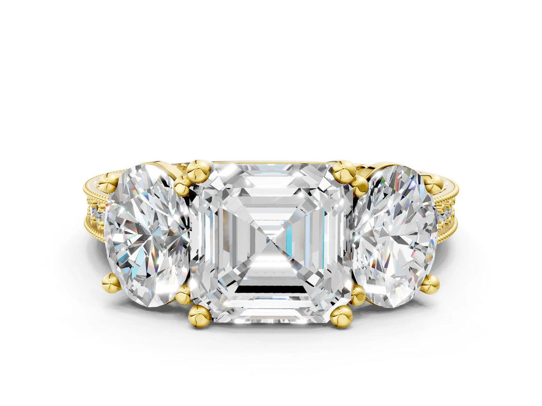 Yellow gold Three-Stone Asscher Diamond Milgrain Pave Band with Prong Setting
