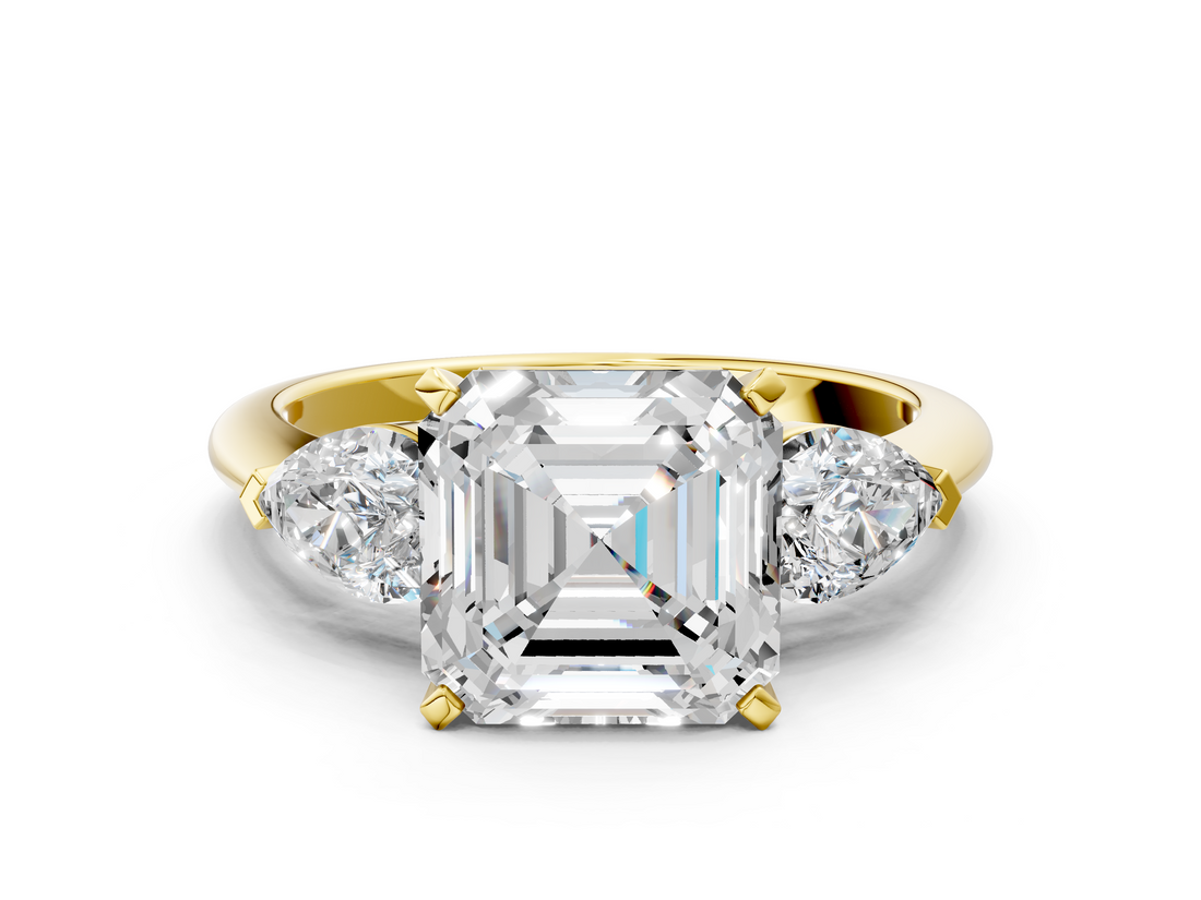 Yellow gold Three-Stone Asscher Diamond Ring with Pear Side Stones in Four-Prong Setting_24