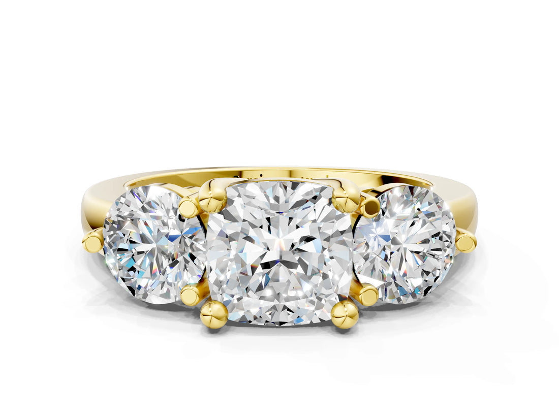 Yellow gold Three-Stone Cushion Brilliant Cut Solitaire Ring with Prong Setting on a Classic Band 2