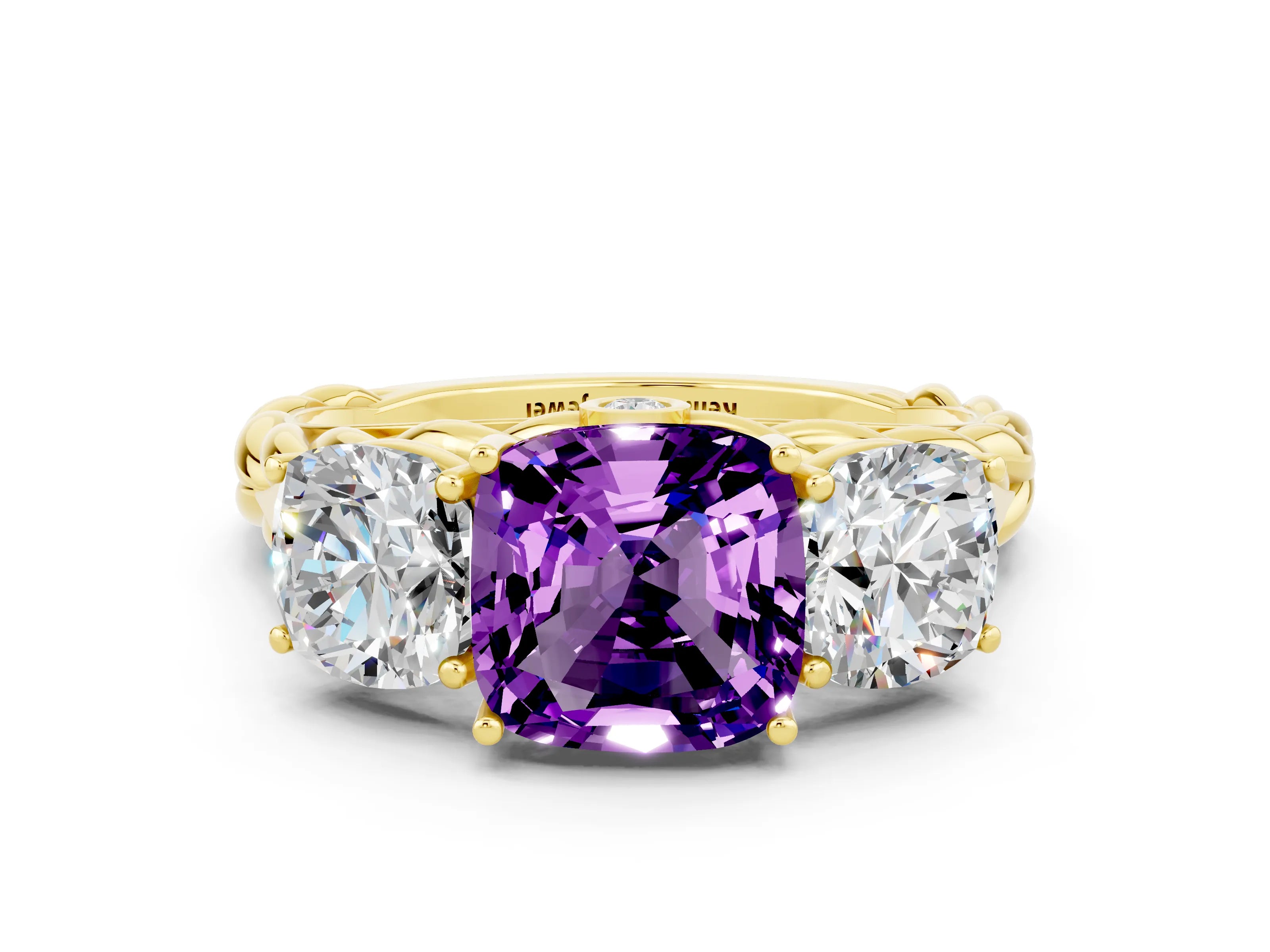 Yellow gold Three-Stone Cushion Cut Amethyst Braided Band Ring with Four-Prong Setting_12