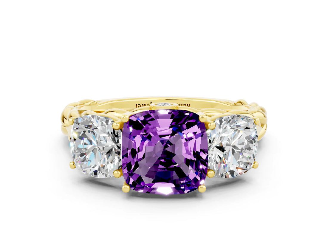 Yellow gold Three-Stone Cushion Cut Amethyst Braided Band Ring with Four-Prong Setting_12