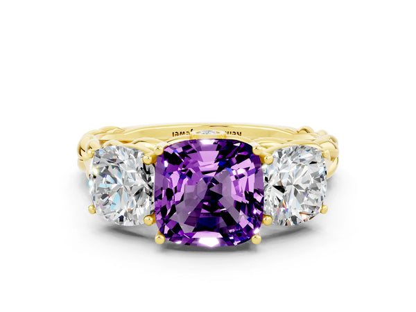 Yellow gold Three-Stone Cushion Cut Amethyst Braided Band Ring with Four-Prong Setting