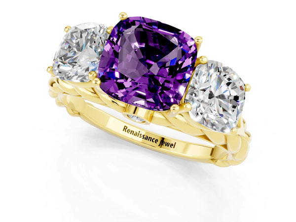 Yellow gold Three-Stone Cushion Cut Amethyst Braided Band Ring with Four-Prong Setting