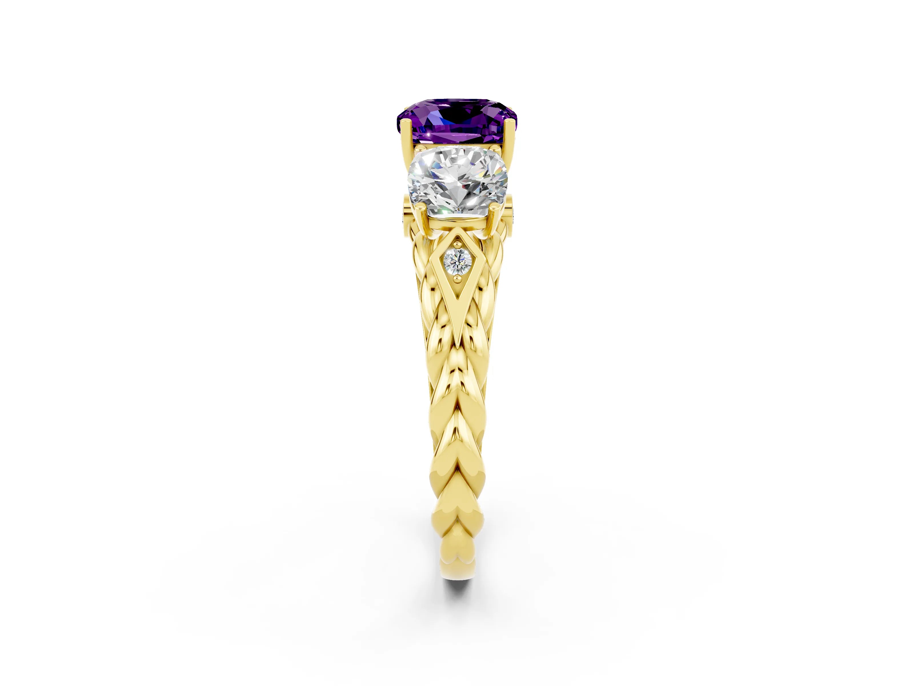 Yellow gold Three-Stone Cushion Cut Amethyst Braided Band Ring with Four-Prong Setting_14