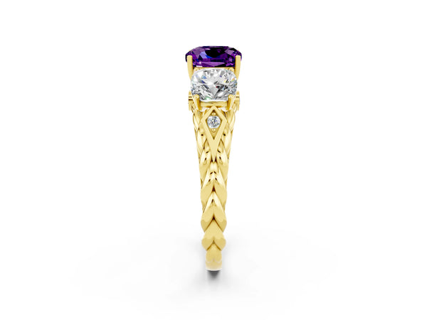 Yellow gold Three-Stone Cushion Cut Amethyst Braided Band Ring with Four-Prong Setting