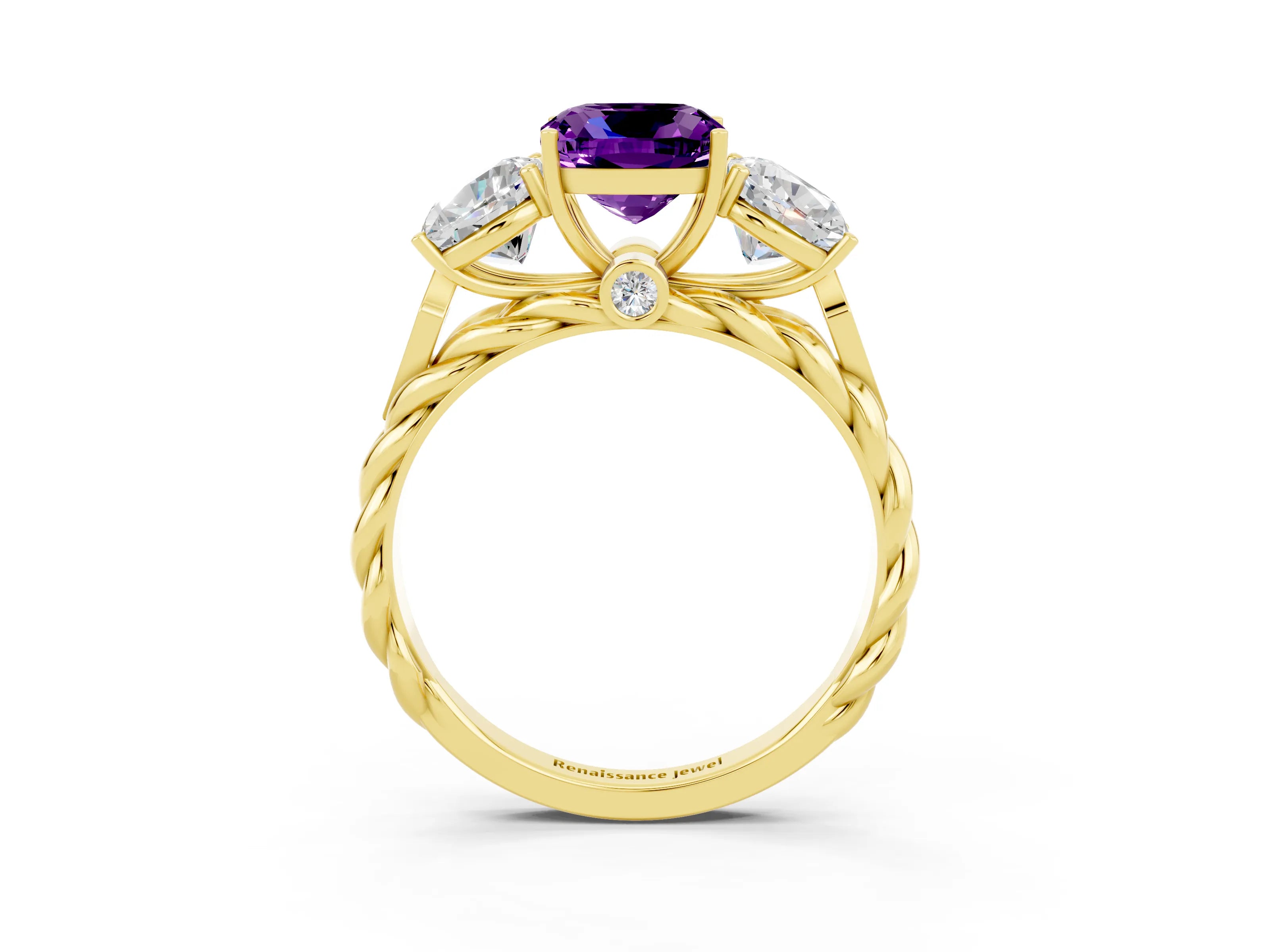 Yellow gold Three-Stone Cushion Cut Amethyst Braided Band Ring with Four-Prong Setting_15