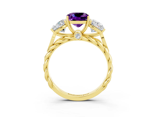 Yellow gold Three-Stone Cushion Cut Amethyst Braided Band Ring with Four-Prong Setting