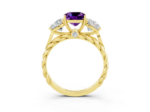 Yellow gold Three-Stone Cushion Cut Amethyst Braided Band Ring with Four-Prong Setting_15