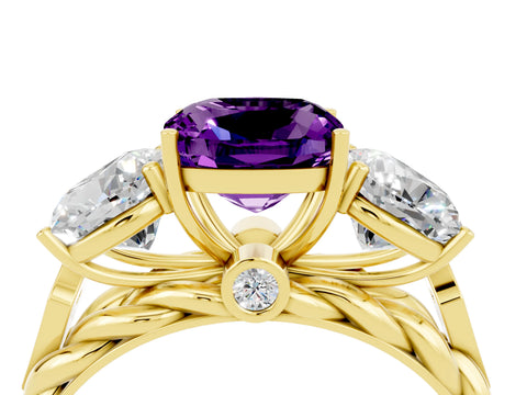 Yellow gold Three-Stone Cushion Cut Amethyst Braided Band Ring with Four-Prong Setting_16