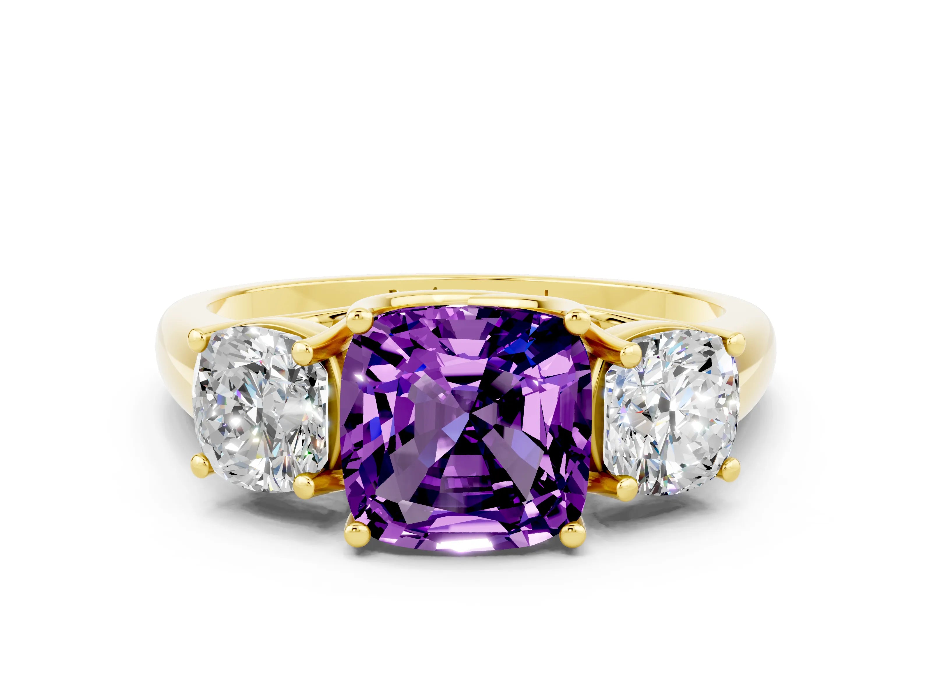 Yellow gold Three-Stone Cushion Cut Amethyst Engagement Ring with Prong Setting
