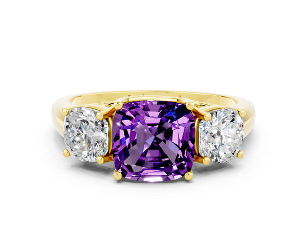 Yellow gold Three-Stone Cushion Cut Amethyst Engagement Ring with Prong Setting