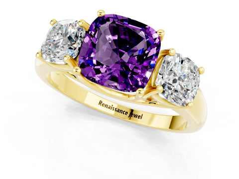 Yellow gold Three-Stone Cushion Cut Amethyst Engagement Ring with Prong Setting_1