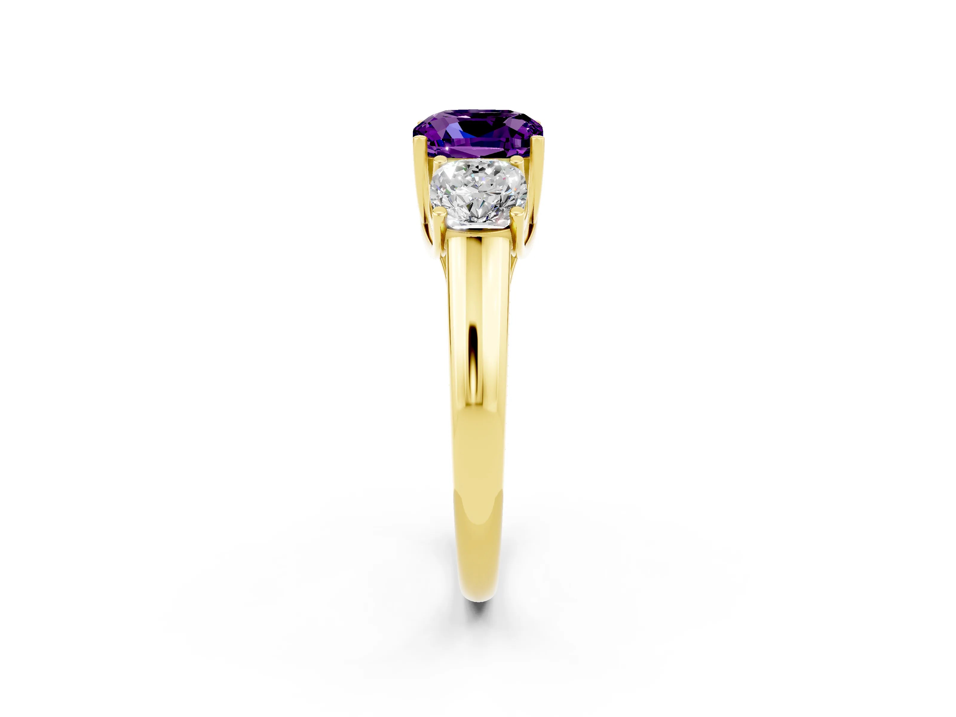 Yellow gold Three-Stone Cushion Cut Amethyst Engagement Ring with Prong Setting_2