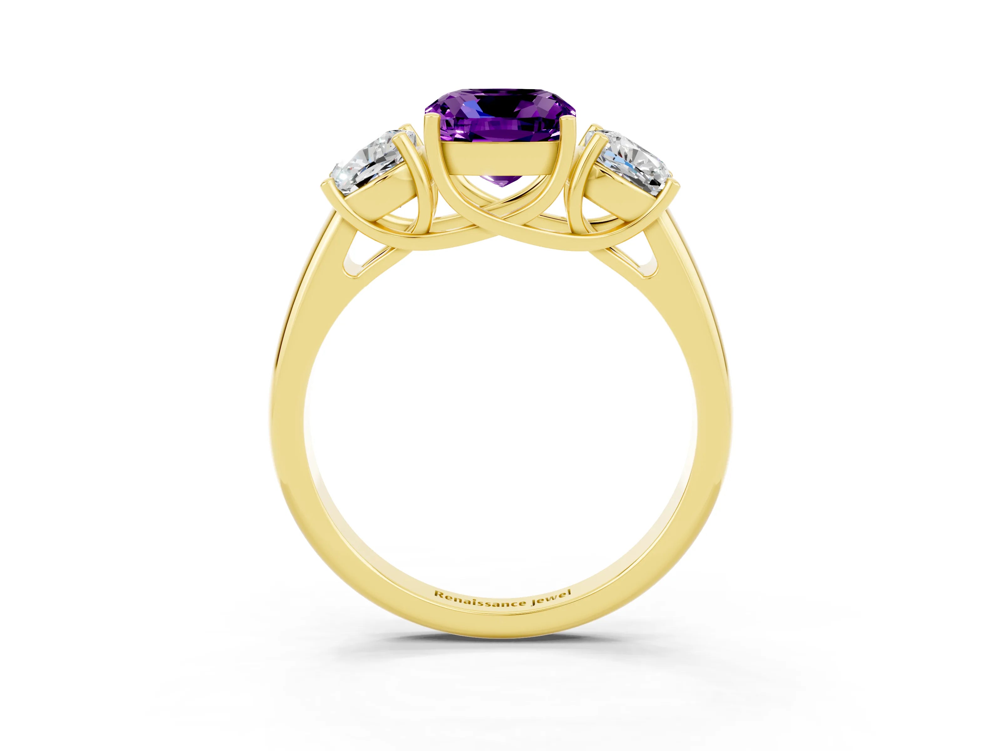 Yellow gold Three-Stone Cushion Cut Amethyst Engagement Ring with Prong Setting_3