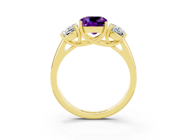 Yellow gold Three-Stone Cushion Cut Amethyst Engagement Ring with Prong Setting