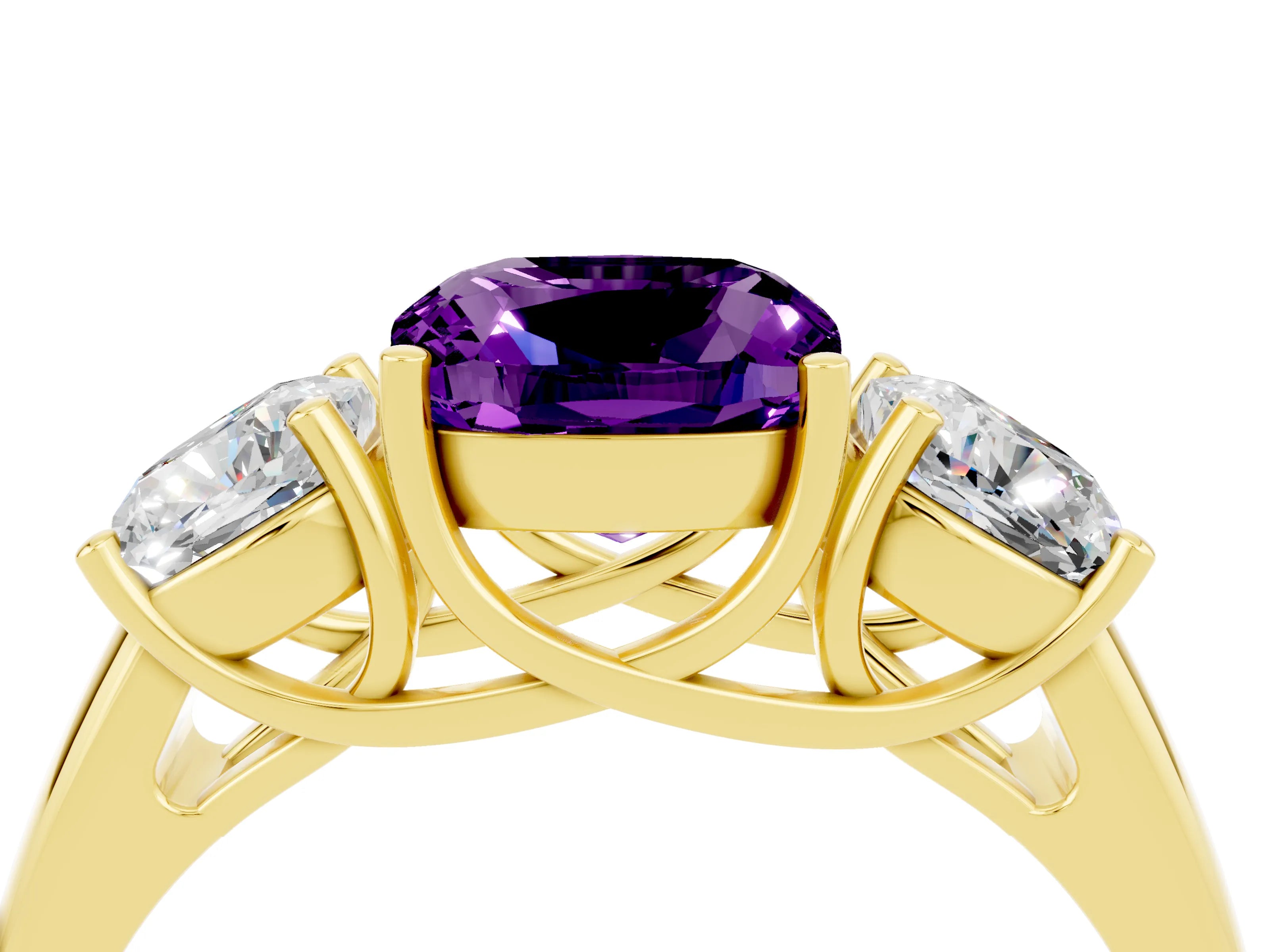 Yellow gold Three-Stone Cushion Cut Amethyst Engagement Ring with Prong Setting_4