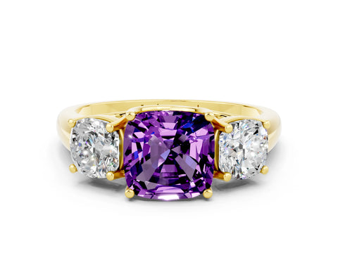 Yellow gold Three-Stone Cushion Cut Amethyst Engagement Ring with Prong Setting
