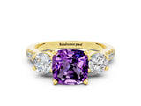 Yellow gold Three-Stone Cushion Cut Amethyst Pavé Band with Four-Prong Setting