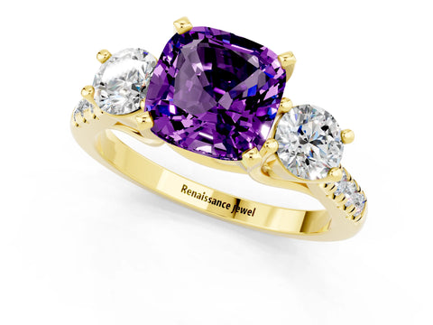 Yellow gold Three-Stone Cushion Cut Amethyst Pavé Band with Four-Prong Setting_1