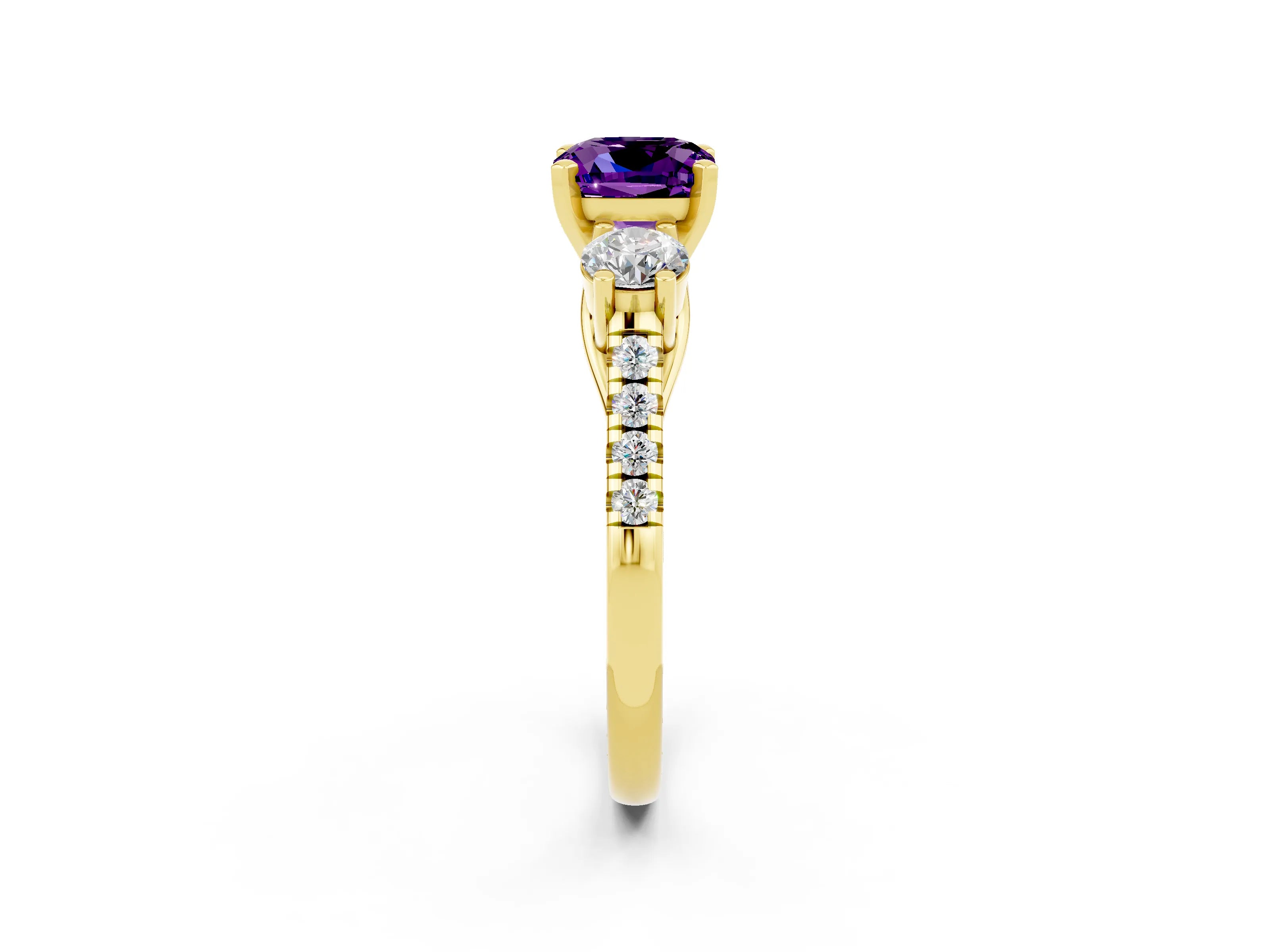 Yellow gold Three-Stone Cushion Cut Amethyst Pavé Band with Four-Prong Setting_2