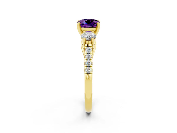 Yellow gold Three-Stone Cushion Cut Amethyst Pavé Band with Four-Prong Setting