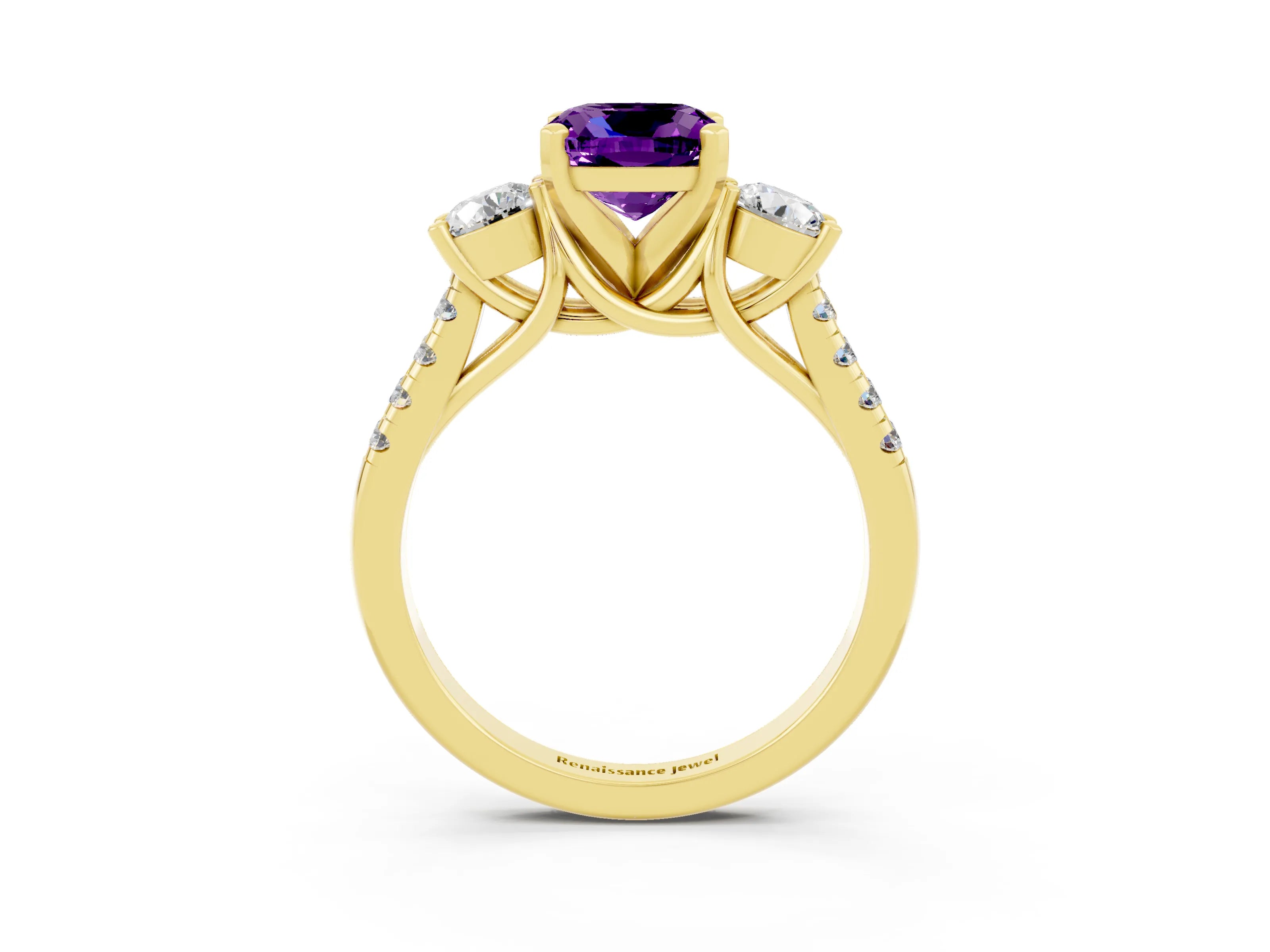 Yellow gold Three-Stone Cushion Cut Amethyst Pavé Band with Four-Prong Setting_3