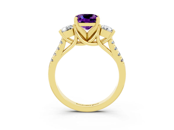 Yellow gold Three-Stone Cushion Cut Amethyst Pavé Band with Four-Prong Setting