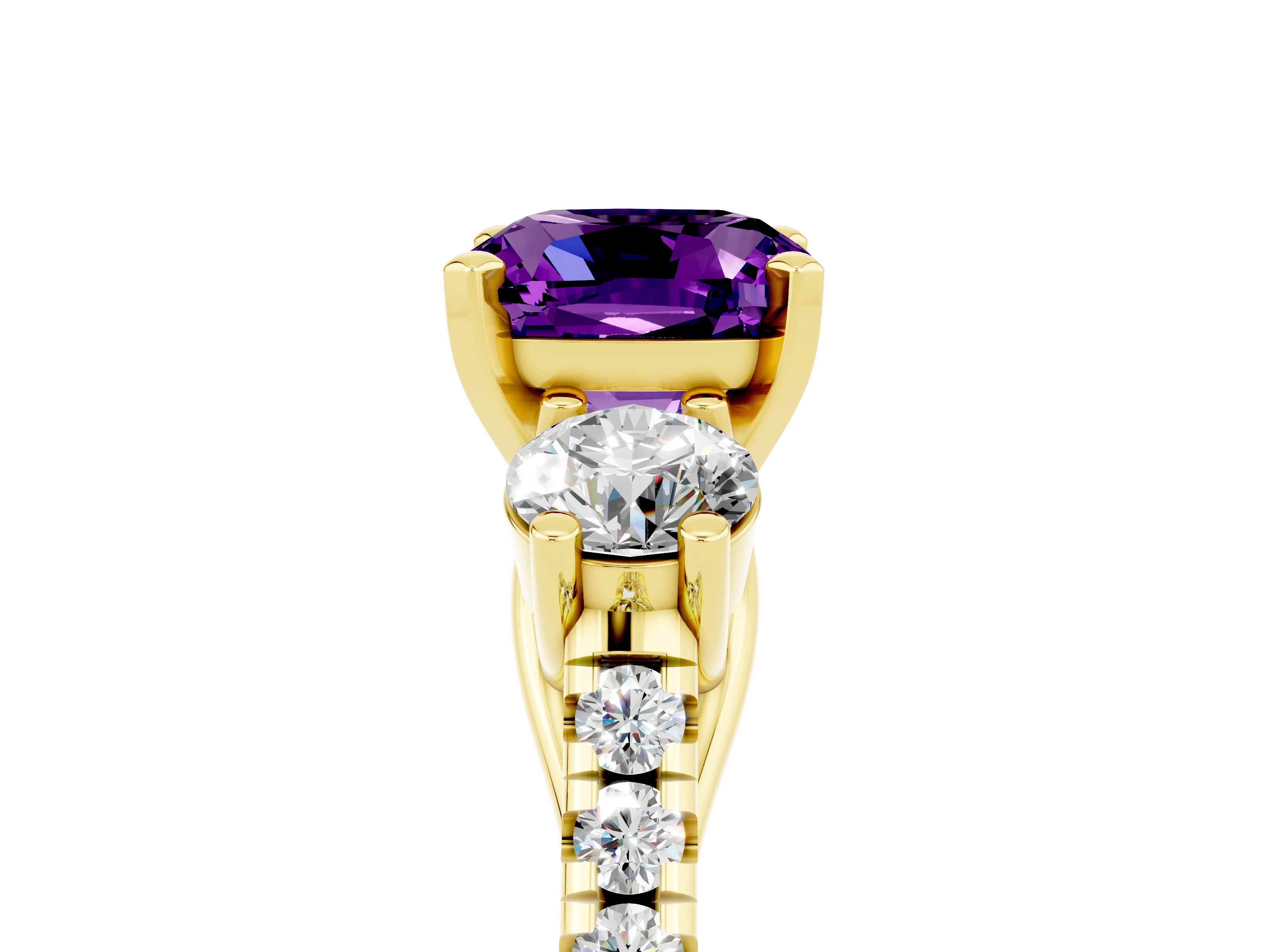 Yellow gold Three-Stone Cushion Cut Amethyst Pavé Band with Four-Prong Setting_5